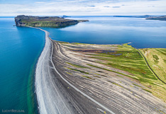 Lagoon in northern Iceland with the island Þórðarhöfði in Skagafjörður. Aerial photo captured with a camera drone (Phantom).