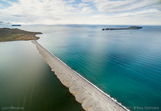 Barrier island between the sea and lagoon in Skagafjörður in northern Iceland, connecting Þórðarhöfði with the land. Aerial photo captured with a camera drone (Phantom).
