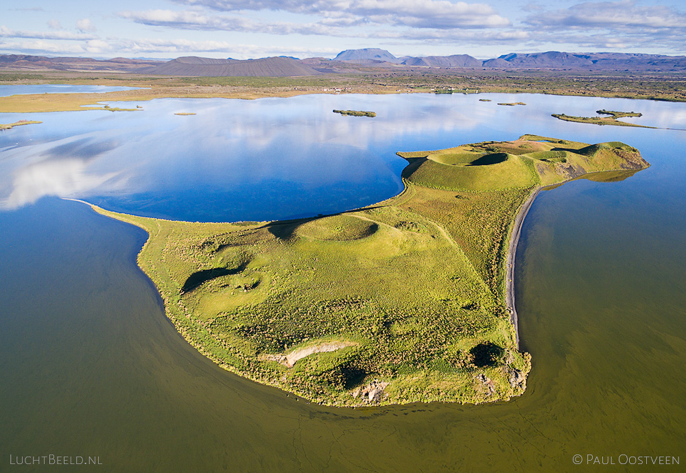 Pseudocraters on an island in Lake Mývatn in Iceland. Aerial photo captured with a camera drone (Phantom) by Paul Oostveen.