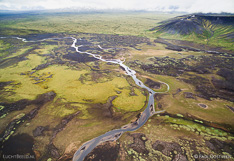 Aerial view of river in the highlands of Iceland, captured by drone