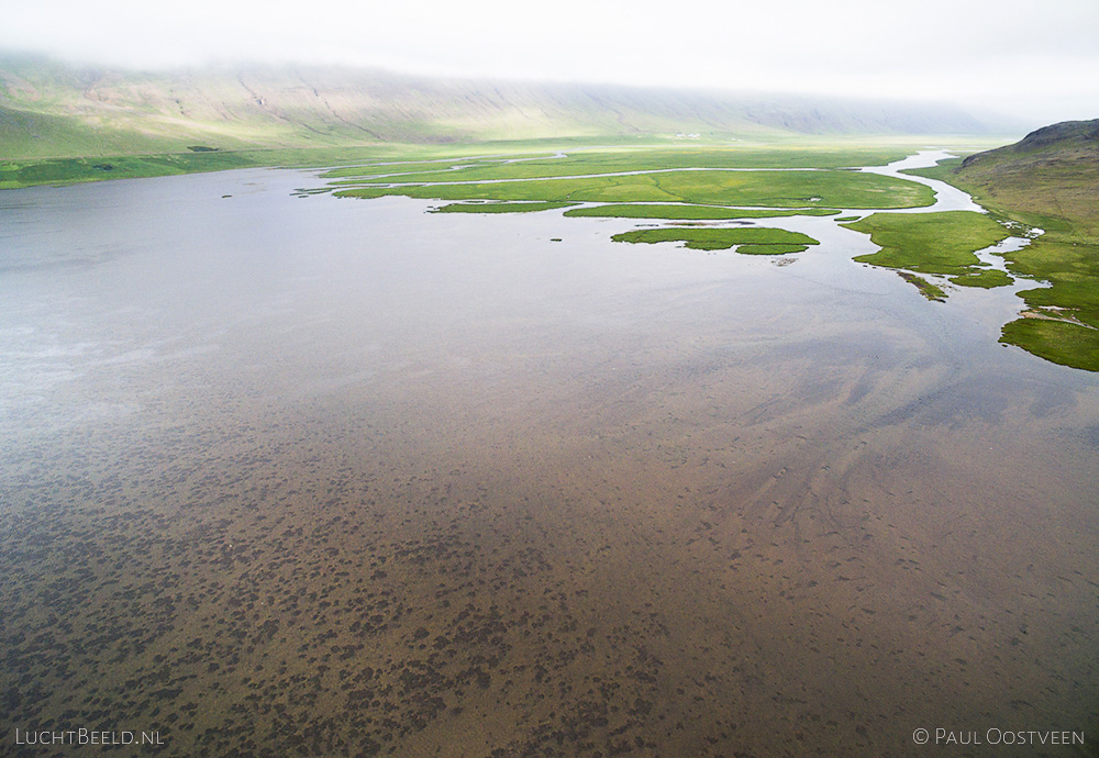 River Vatnsdalsá and lake Flóðið in northern Iceland. Aerial photo captured with a camera drone (Phantom).