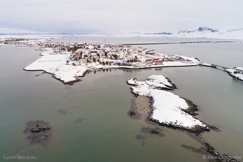 Borgarnes in winter with snow. Aerial photo captured with a camera drone by Paul Oostveen.