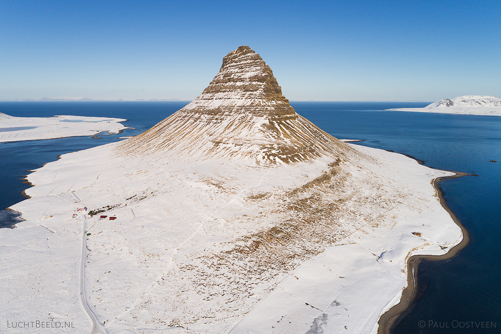 Snow-covered Kirkjufell in winter. Aerial photo captured with a camera drone (Phantom) by Paul Oostveen.
