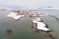 Borgarnes in winter with snow. Aerial photo captured with a camera drone by Paul Oostveen.