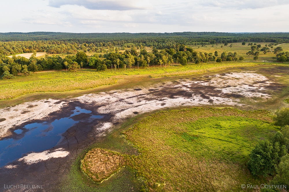 Drooggevallen ven van de Leersumse Plassen in het Leersumse Veld tijdens de droge zomer van 2019. Luchtfoto gemaakt met een camera drone.