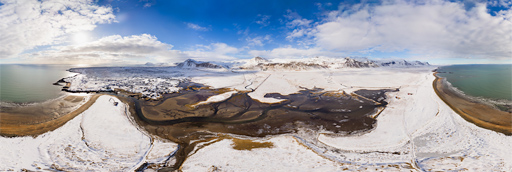 Búðir beach Snæfellsnes in winter: 360 graden panorama gemaakt met een camera drone door Paul Oostveen.