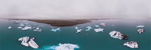 Jökulsárlón glacier lagoon in Iceland: 360 graden panorama captured by Paul Oostveen with camera drone.