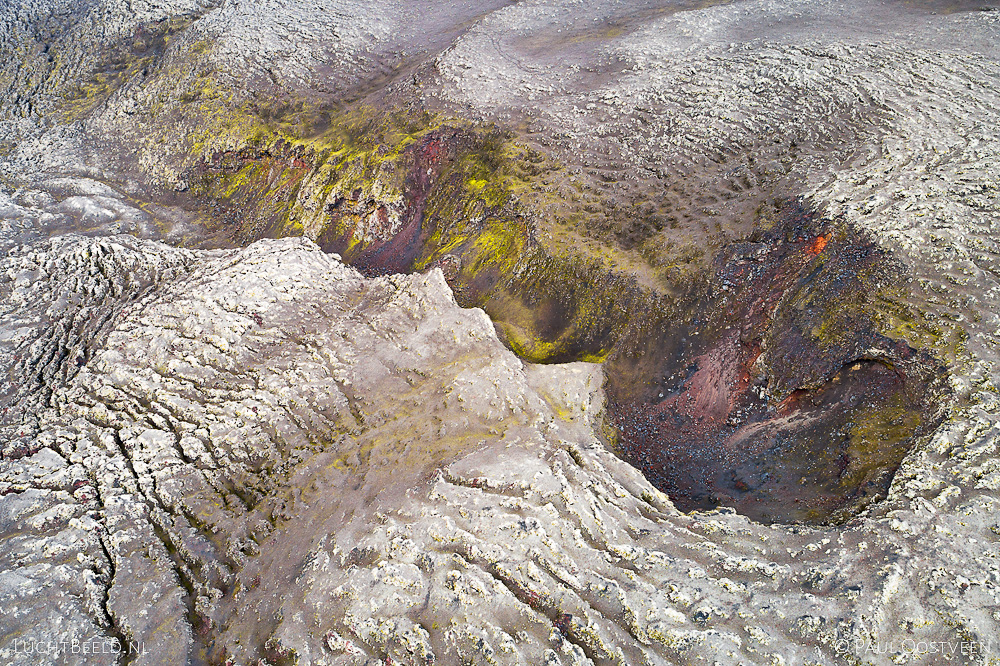 Fissure crater of the 1970 eruption of Hekla volcano in Iceland. Aerial photo captured by drone.