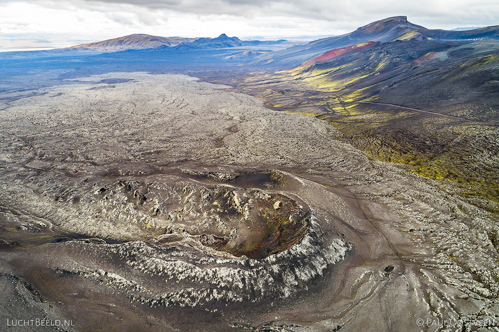Lava field with fissure from the 1970 eruption of Hekla volcano in Iceland. Aerial photo captured by drone.