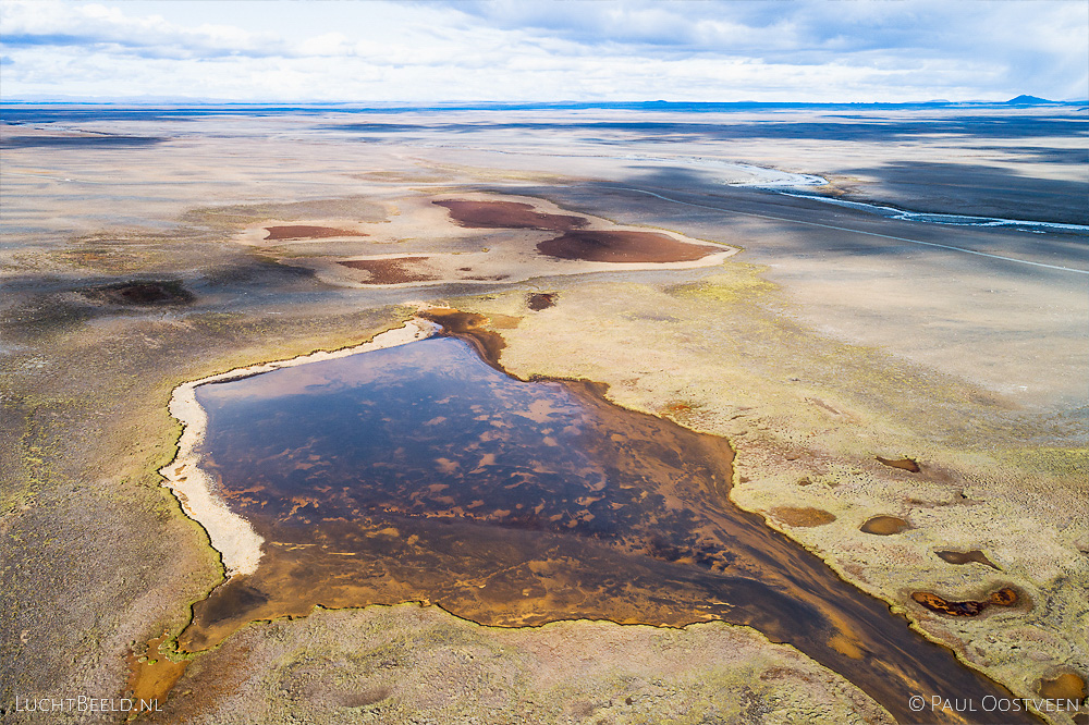 Lakes and dried out lakes along Kjölur in the highlands of Iceland. Aerial photo captured by drone.