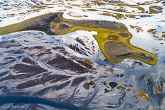 Sandbars and small island in a river in Veiðivötn. Aerial photo captured by drone in Veidivötn.