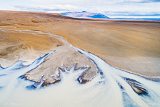 Lake Sandvatn and the mountain Bláfell in the highlands of Iceland. Aerial photo captured by drone.