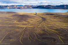 Slope in Veiðivötn area with lake Graenavatn in the highlands of Iceland. Aerial photo captured by drone in Veidivötn.