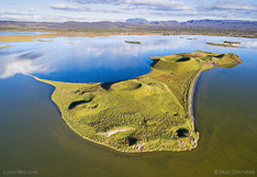 Pseudocraters on an island in Lake Mývatn in Iceland. Aerial photo captured with a camera drone (Phantom) by Paul Oostveen.