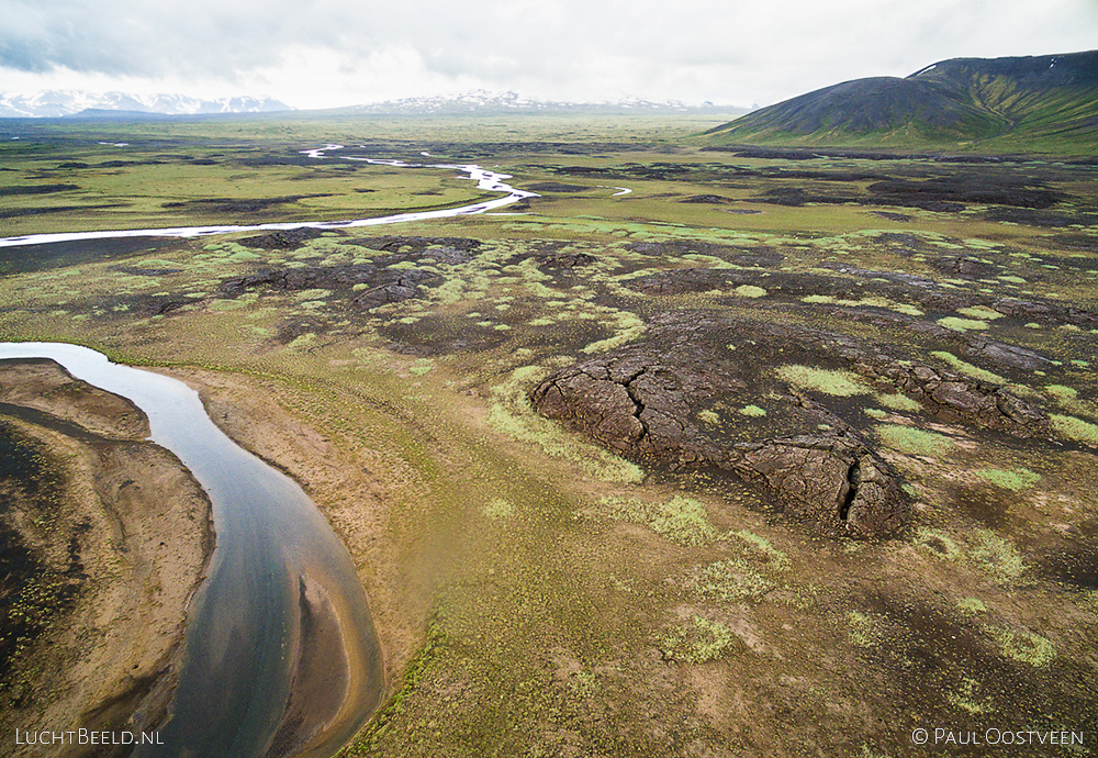Aerial view of river in the highlands of Iceland, captured by drone
