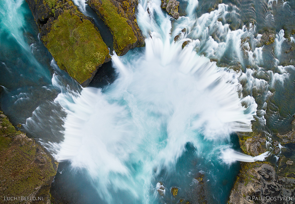 Goðafoss waterfall in Iceland. Long exposure aerial photo captured with a camera drone (Phantom) with aid of a PolarPro ND64 filter. Photographer: Paul Oostveen.