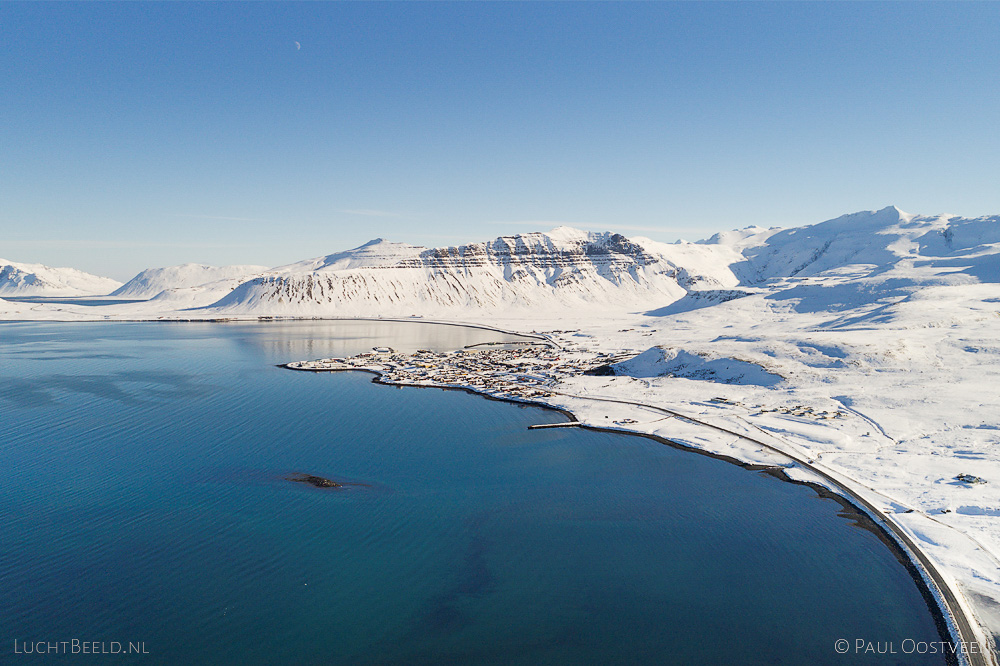 Coastline with Grundarfjörður on Snæfellsnes in winter with snow. Aerial photo captured with a camera drone by Paul Oostveen.