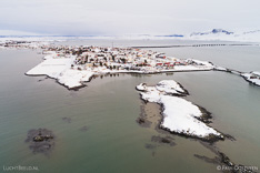 Borgarnes in winter with snow. Aerial photo captured with a camera drone by Paul Oostveen.