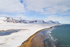 Beach at Búðir on Snæfellsnes in winter with snow. Aerial photo captured with a camera drone (Phantom) by Paul Oostveen.
