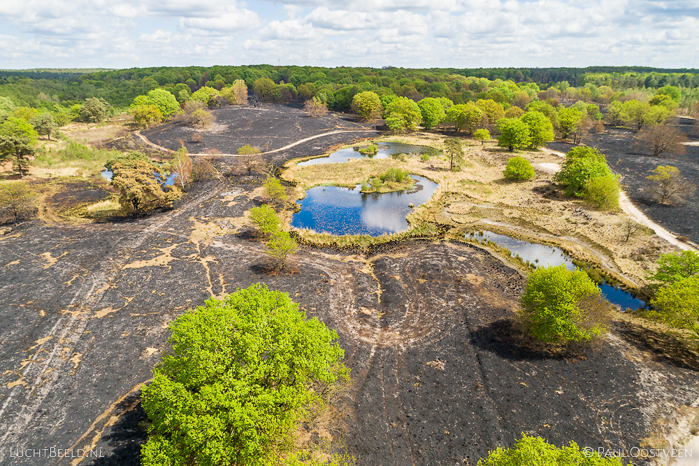 Verbrand heidegebied rond de Rolvennen in de Meinweg na de grote brand van april 2020 - luchtfoto gemaakt met een drone.