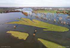 Ondergelopen uiterwaarden tijdens hoog water in de IJssel bij Deventer. Luchtfoto gemaakt met een camera drone (Phantom).